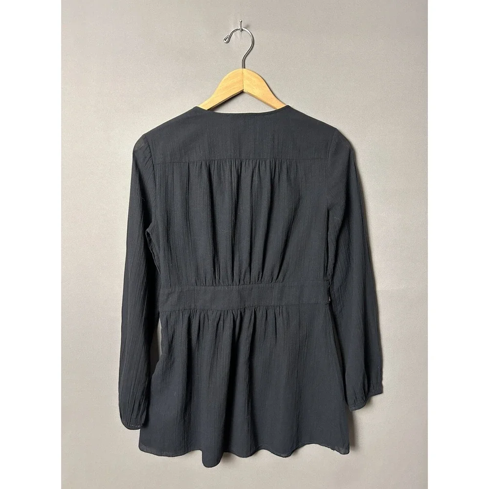 Tory Burch Top Size 4 FLEUR TUNIC Embroidered Trim Long Sleeve Black